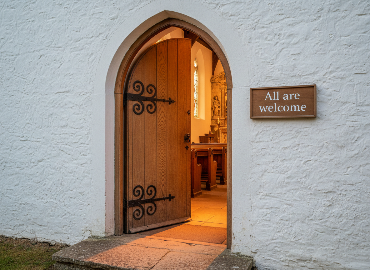 An antique wooden church door with arched top and decorative iron hinges, slightly ajar to reveal a glimpse of the softly lit sanctuary beyond. The door’s grain and small age cracks are clearly visible, stained a deep honey brown against a white-painted exterior wall. A simple, modern sign beside the door reads “All are welcome” in understated typography. Early evening light from outside creates a gentle glow on the threshold, while warm interior lighting spills out, forming a soft gradient on the stone step. Photographed at a three-quarter angle, the composition focuses on the doorway as a metaphor for inclusivity and invitation. The mood is quietly hopeful and open, rendered in detailed photographic realism for a non-profit church homepage.
