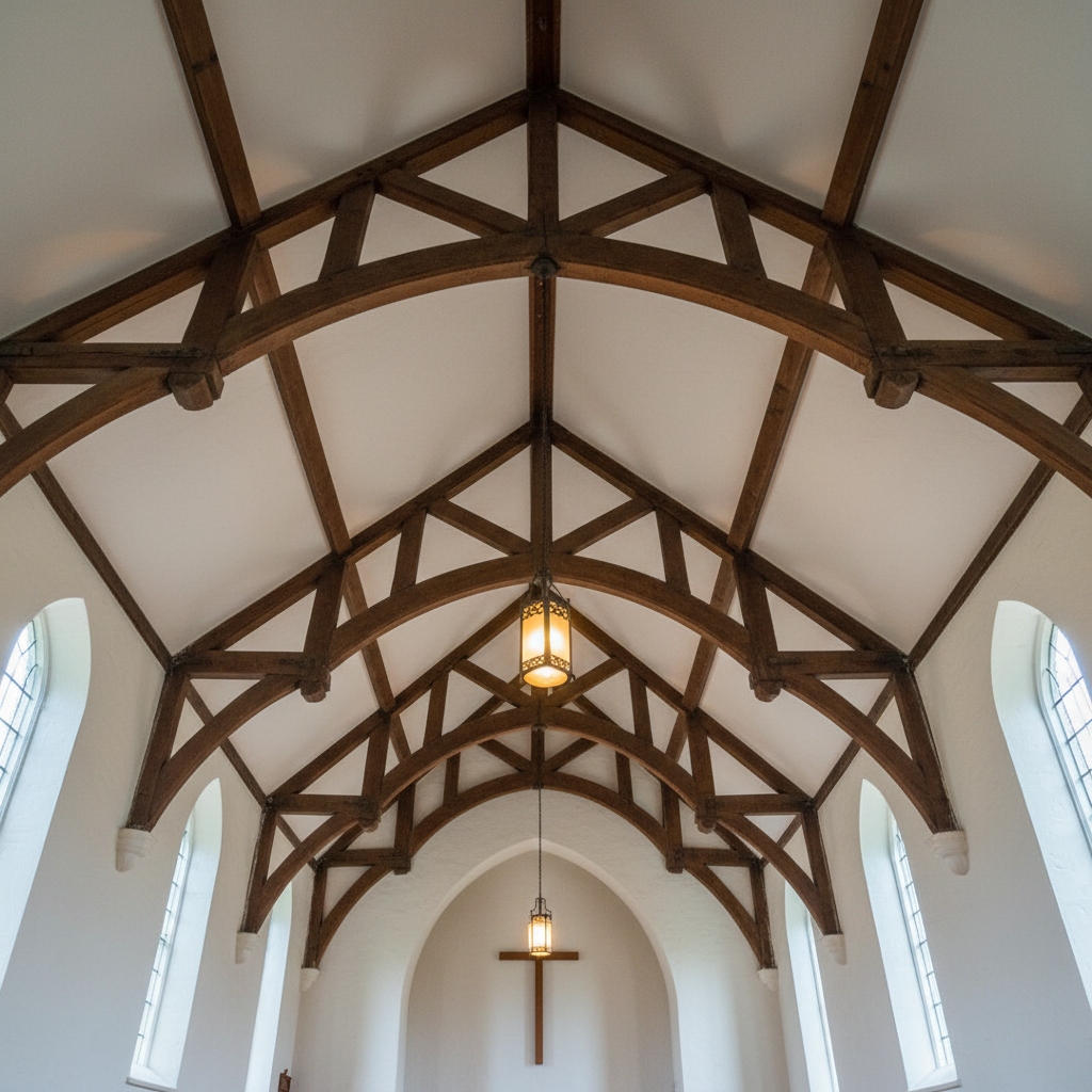 A wide interior shot of a historic church sanctuary ceiling, highlighting exposed wooden beams, simple white plaster, and a modest central pendant light fixture. The camera looks upward from the back of the room, capturing the graceful lines of the beams leading toward the front of the sanctuary, where a barely visible simple cross anchors the far end. Soft, indirect daylight filters in from high side windows, mingling with the warm glow of the pendant lights, creating a gentle interplay of cool and warm tones on the ceiling surfaces. The atmosphere is serene and airy, emphasizing architectural simplicity rather than grandeur. This realistic, professional photograph communicates a sense of history, stability, and quiet sacredness appropriate for a small, welcoming church.