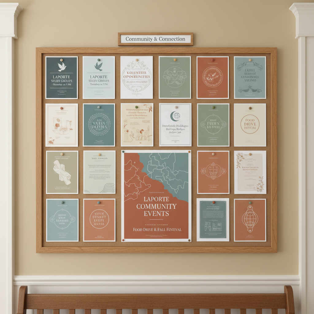 A bulletin board in a church hallway, framed in natural wood, neatly arranged with colorful yet tastefully designed flyers for study groups, volunteer opportunities, interfaith dialogues, and community events in LaPorte, Indiana. Pushpins in muted tones hold each flyer, and a small printed card at the top reads “Community & Connection” in clean typography. The hallway walls are painted a calm, warm neutral, with a simple wooden bench partially visible at the bottom edge. Overhead, soft, even indoor lighting eliminates harsh shadows, giving the scene a friendly, accessible feel. The camera is straight-on at eye level, keeping the composition flat and legible. Photographic realism highlights the idea of an active, inclusive congregation engaged with its surrounding community.