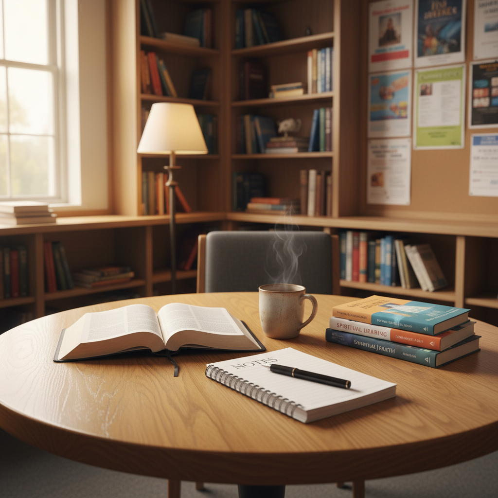 A round wooden discussion table in a small church meeting room, its rich oak surface slightly worn but lovingly maintained, with an open Bible, a notebook with pen, and a ceramic mug of tea arranged neatly. Nearby, a stack of contemporary spiritual books with colorful yet tasteful covers suggests thoughtful exploration. The background shows built-in bookshelves, a corkboard with neatly pinned community event flyers, and a softly glowing floor lamp. Diffused afternoon light from a side window combines with warm indoor lighting, creating a cozy, inviting atmosphere. Shot from a slightly elevated angle with shallow depth of field, the focus rests on the open pages and pen, symbolizing inquiry and dialogue. The style is clean, professional photographic realism, evoking a safe, reflective church setting without people present.