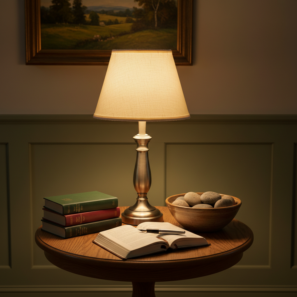 A still life of symbolic objects arranged on a small side table in a church parlor: a gently glowing table lamp with a linen shade, an open journal with a fountain pen resting on its spine, a small stack of Swedenborgian theology books, and a ceramic bowl filled with smooth river stones. The tabletop is medium-toned wood with visible grain, and the background suggests a cozy room with wainscoting and a framed landscape painting in soft focus. Warm lamplight creates an intimate pool of illumination, with gentle falloff into shadow at the edges. Photographed from a slightly elevated angle, the composition feels balanced and contemplative. The mood is introspective and intellectually curious, rendered in clean, professional photographic realism to evoke thoughtful spiritual exploration.