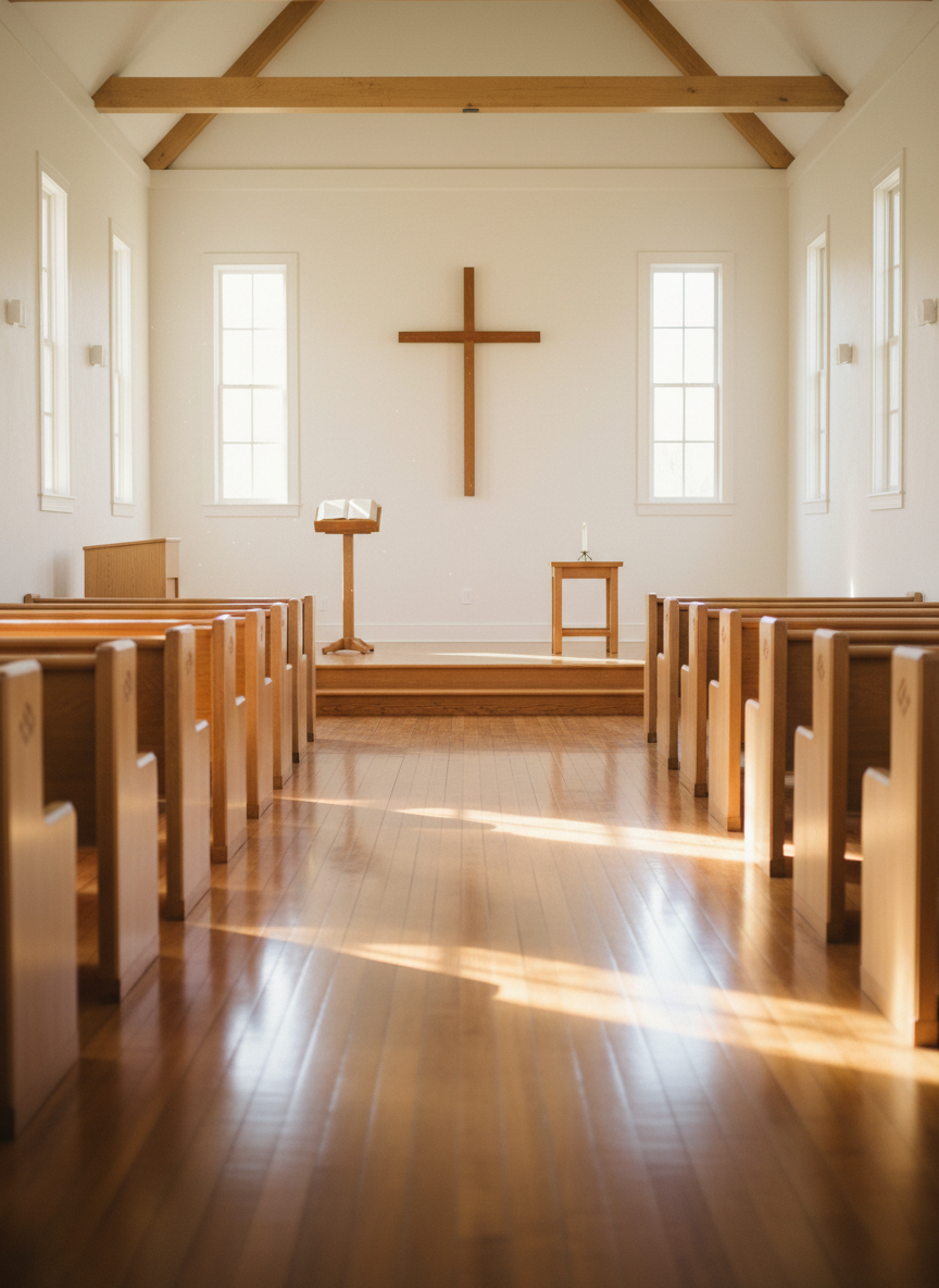 A polished wooden church sanctuary interior with simple white plaster walls, natural-wood pews, and a modest chancel area centered by a plain wooden cross. Sunlight filters through tall, clear windows along the side walls, casting soft rectangular patterns across the aisle and pew backs. At the front, a wooden lectern and a small communion table hold an open Bible and a single white candle, unlit. The camera frames the center aisle from the back, leading the eye toward the front in strong linear perspective. The atmosphere is calm, thoughtful, and uncluttered, emphasizing spiritual reflection rather than ornament. Photographic realism with warm, natural tones and gentle contrast conveys a welcoming, historic-yet-fresh space.