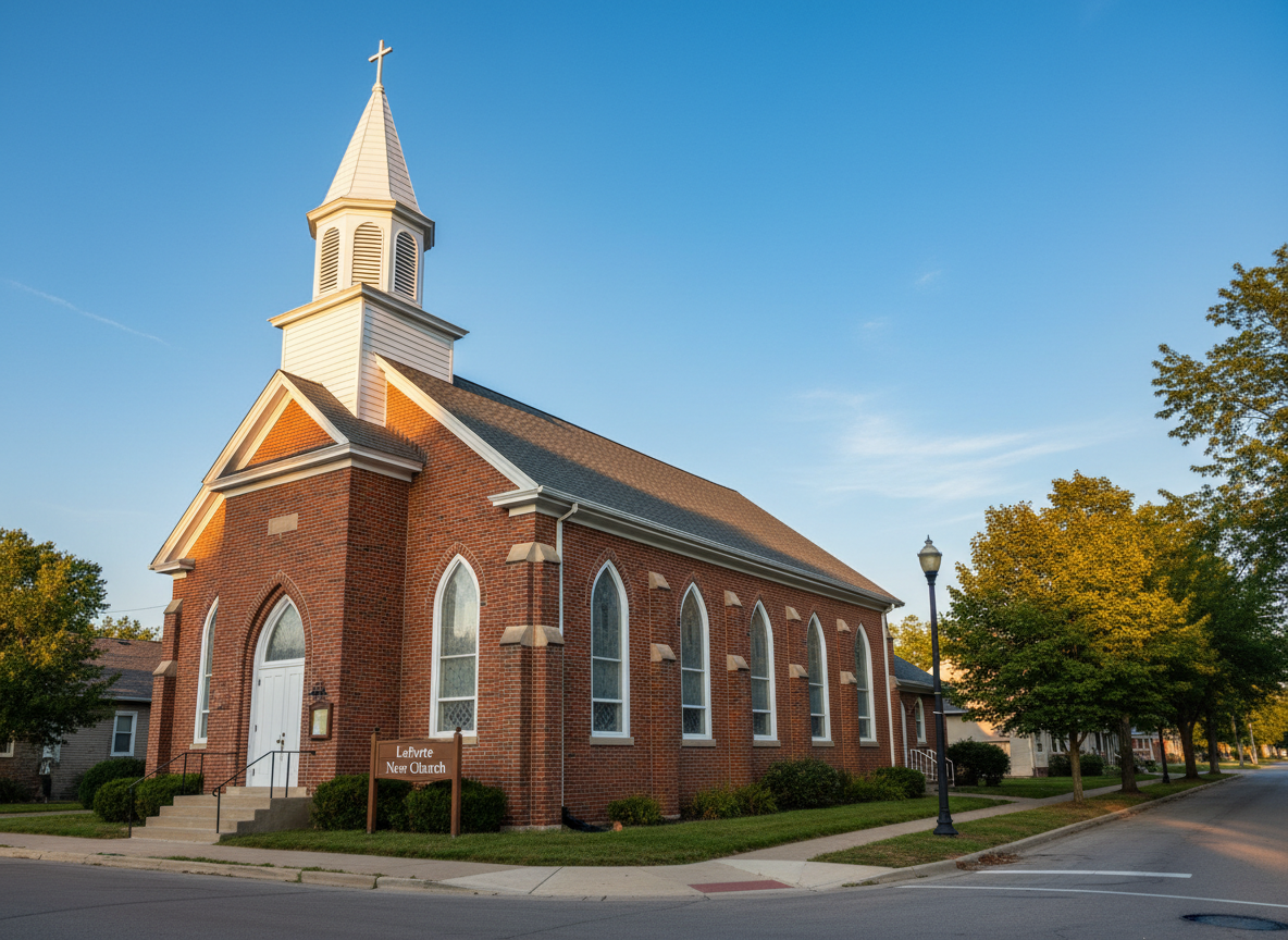 A charming red-brick historic church building with a white steeple and simple cross, standing at a quiet street corner in LaPorte, Indiana. The sanctuary windows feature clear and lightly frosted glass rather than ornate stained glass, emphasizing simplicity and openness. Late-afternoon golden sunlight grazes the brickwork, creating soft, warm highlights and gentle shadows along the trim. A modest wooden sign near the entrance reads “LaPorte New Church” in clean, modern lettering. Photographed at eye level with a slightly wide lens, the composition uses the rule of thirds to balance church, sky, and tree-lined sidewalk. The mood is welcoming and peaceful, in a realistic, professional photographic style suitable for a non-profit church website.
