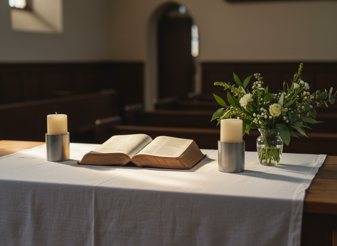 A close-up of a wooden altar table draped with a simple off-white linen cloth in a historic sanctuary. At its center rests an open Bible with slightly worn, softly curling pages, flanked by two unlit pillar candles in brushed metal holders and a small glass vase with seasonal greenery and white flowers. Sunlight from a nearby window falls diagonally across the table, illuminating the text and creating gentle shadows from the candle holders. The background is softly blurred but hints at wooden pews and a subtle architectural arch. Captured at eye level with a shallow depth of field, the image emphasizes texture—linen, paper, wood, and foliage. The atmosphere is serene and reverent, expressing quiet spiritual focus in a professional, realistic photographic style.